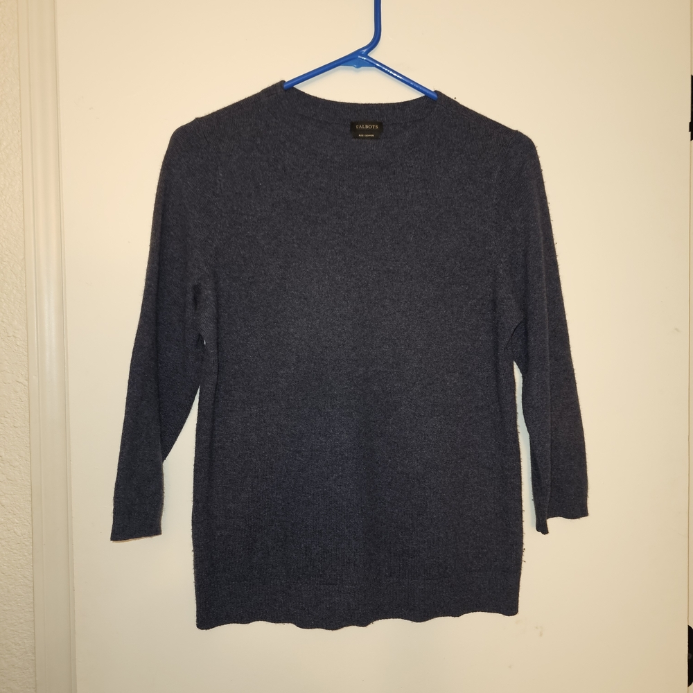 Talbots Blue Navy Pullover 100% Cashmere Sweater 3/4 Sleeve Women's Medium